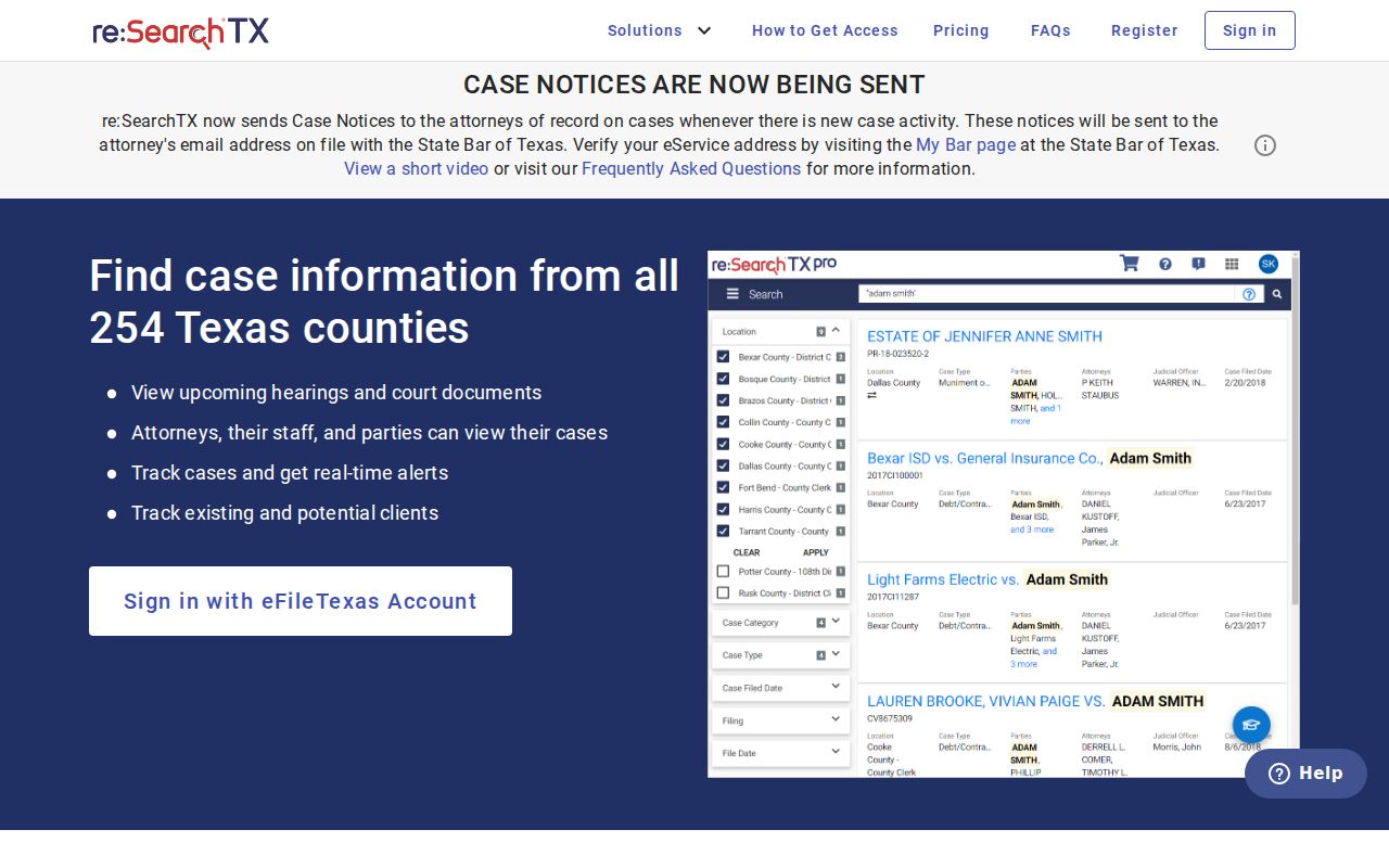 Comal County residents directory re:SearchTX court search screen
