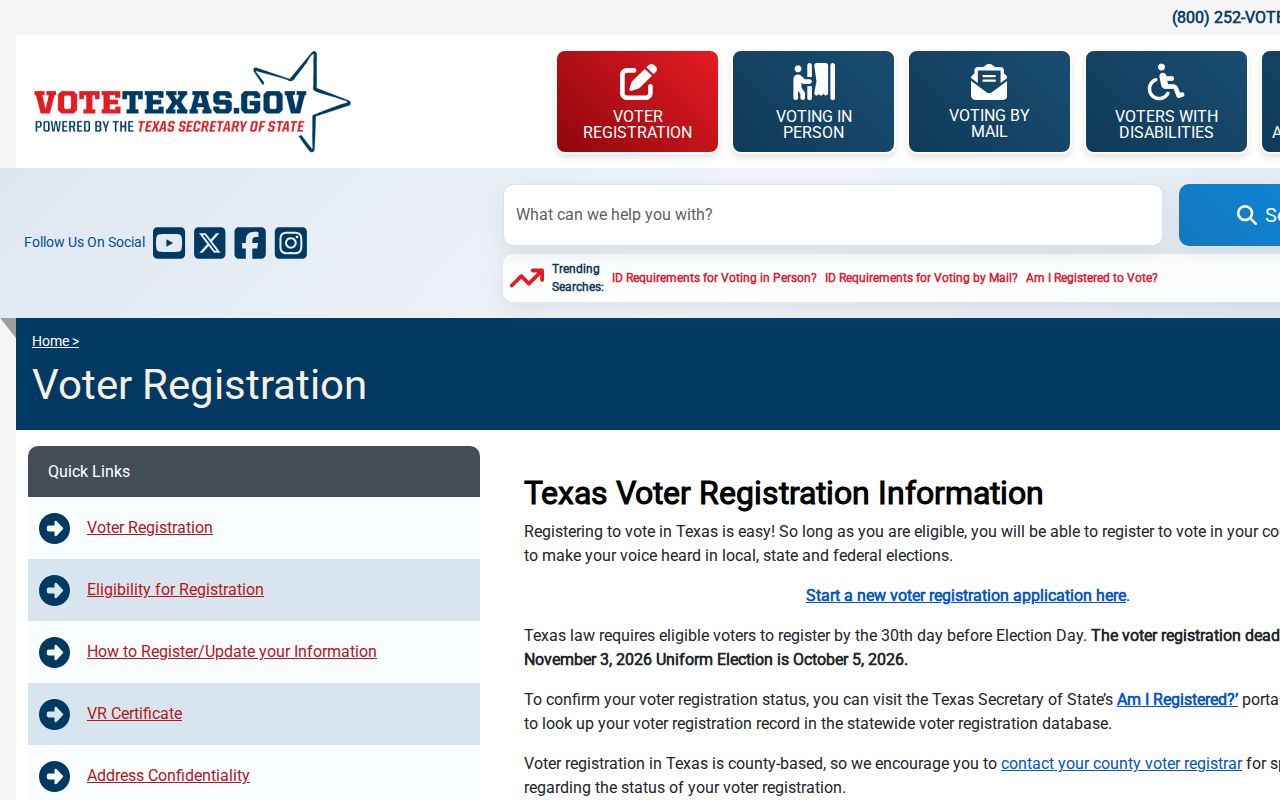Comal County residents directory VoteTexas voter status entry screen