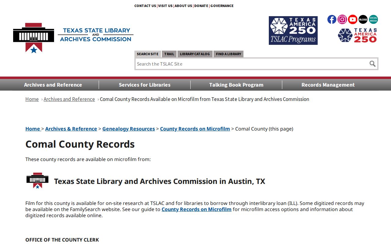 Comal County previous residents TSLAC deed microfilm guide