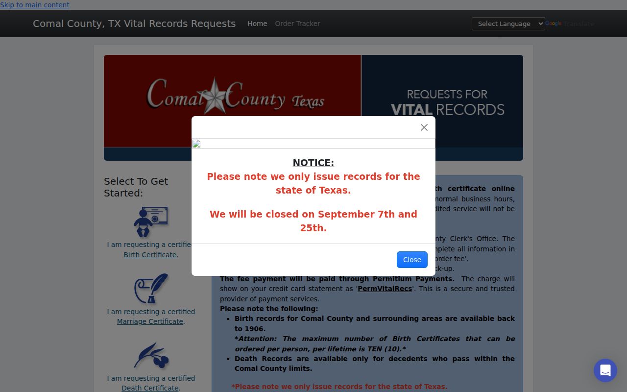 Comal County resident lookup vital-record order choices from the County Clerk