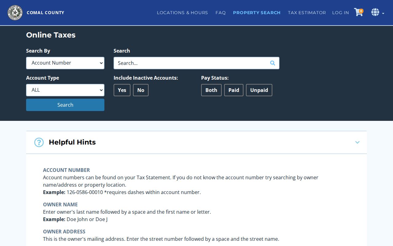 Comal County street directory tax and property search controls